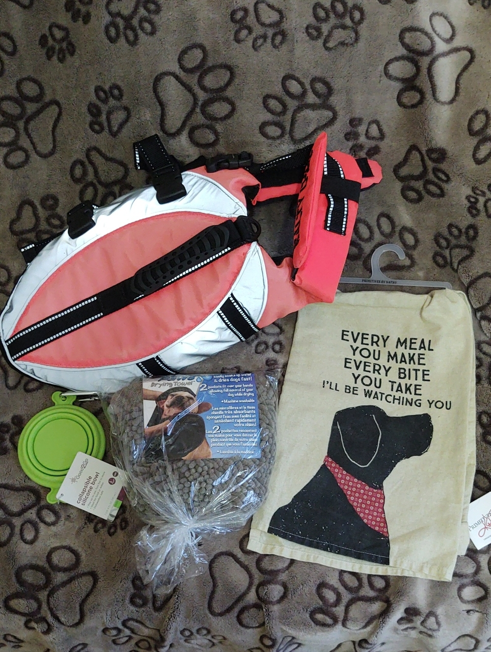 Dog Drying Towel, Towel, Silicone Bowl and Salty Dog Medium Life Preserver.